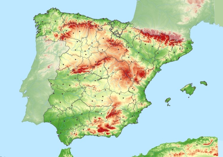 hoogtekaart van Spanje